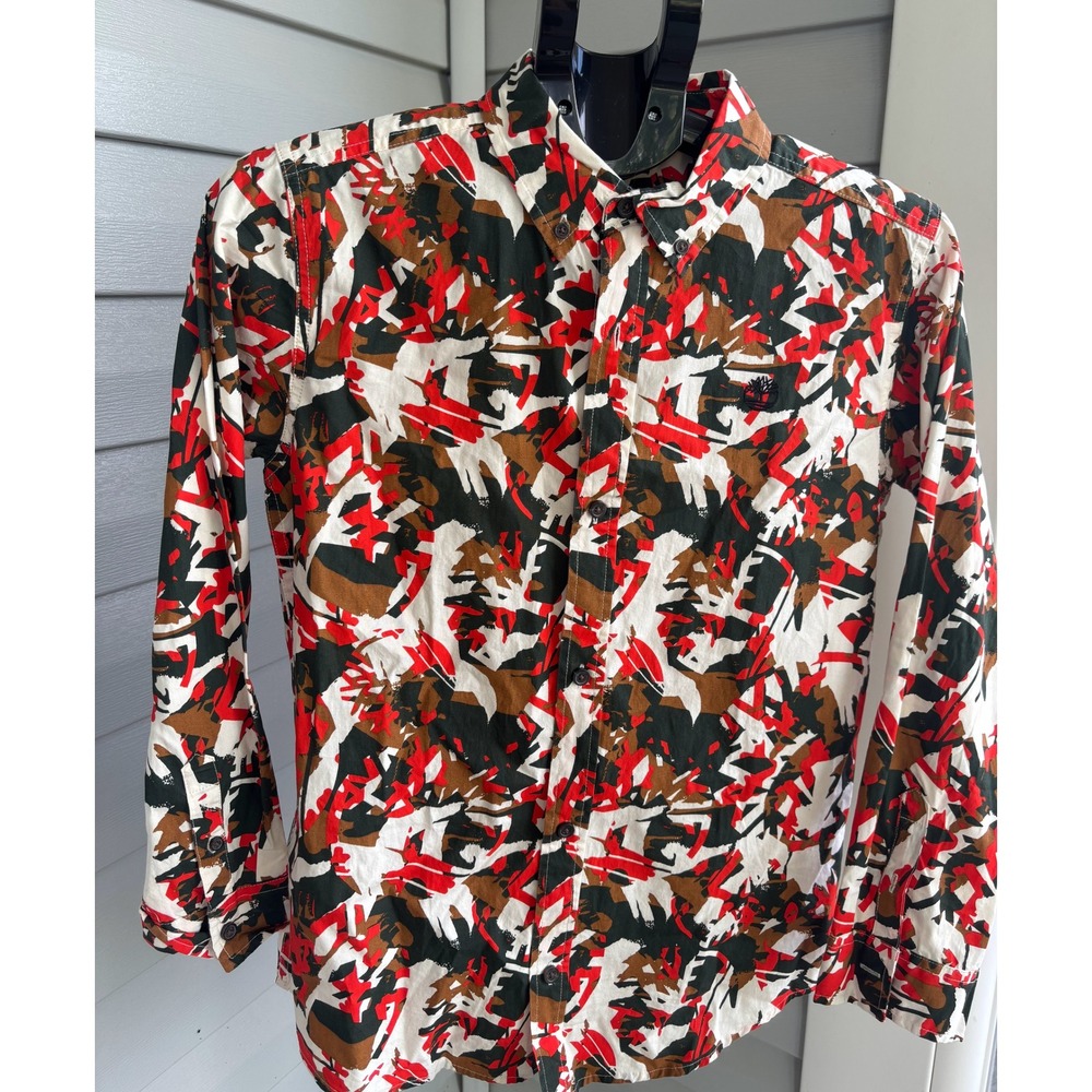 Timberland Boys Red Abstract Camo Print Long Sleeve Button Down Shirt Size 14-16